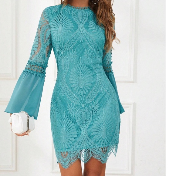 Dresses & Skirts - Luxe Turquoise Blue  Eyelash Lace Bell Sleeve Party Evening dress